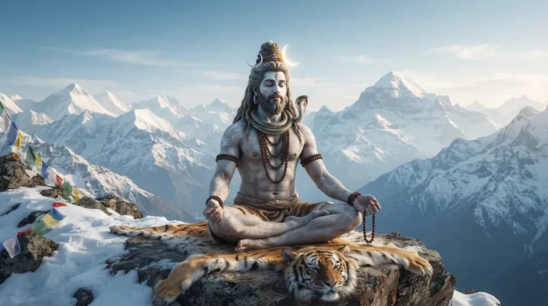 Bholenath Lord Shiva sitting in deep meditation on a snow-covered Himalayan peak.