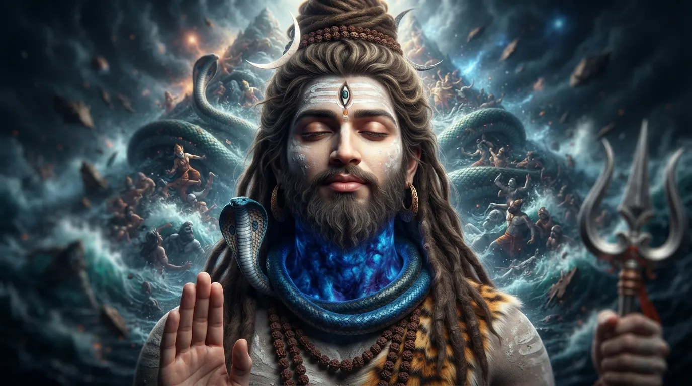 Concept art of Bholenath with a blue throat after consuming the Halahala poison during Samudra Manthan.