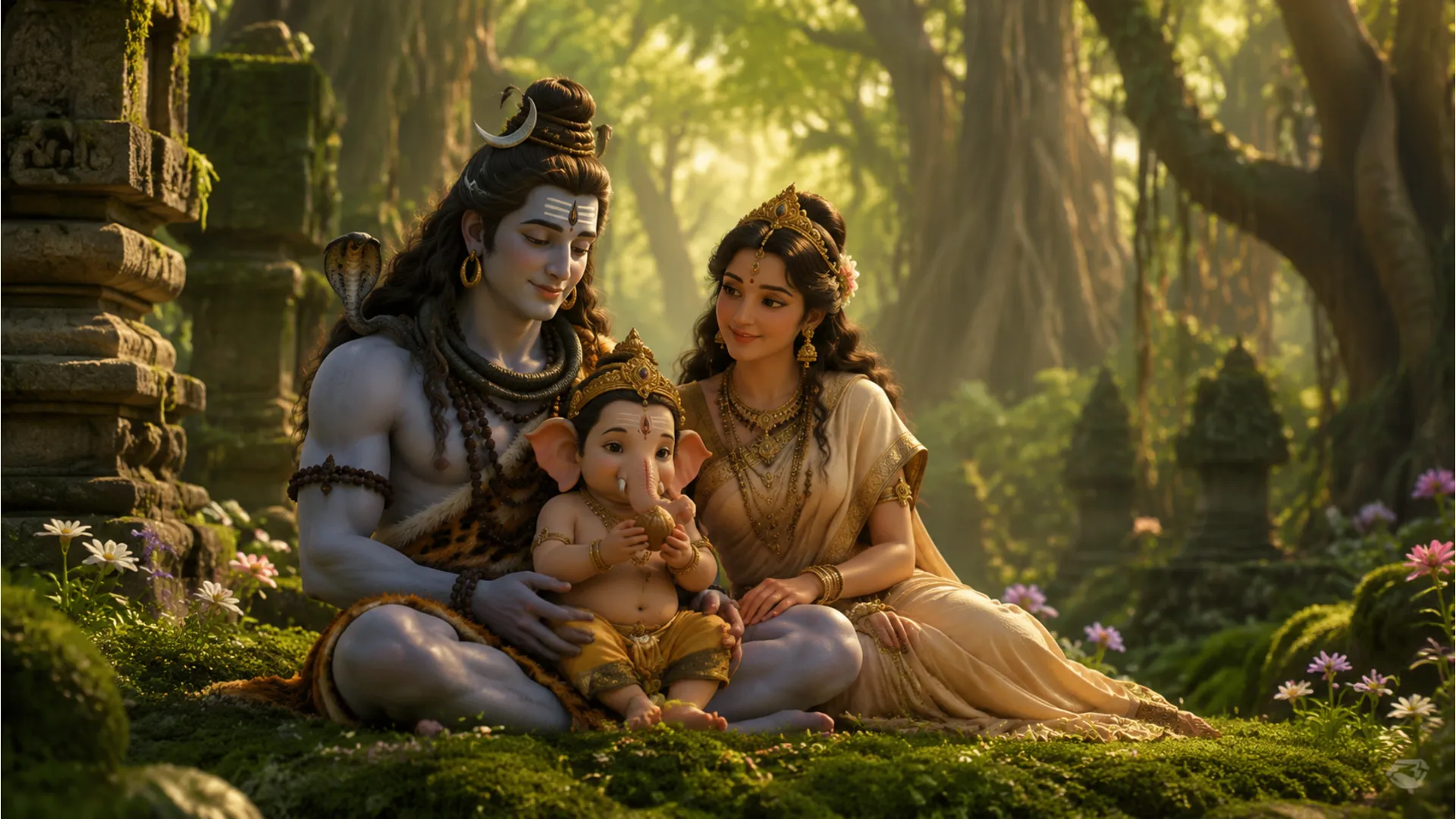 Peaceful 3D photo of Bholenath with Goddess Parvati and Lord Ganesha in a beautiful ashram.