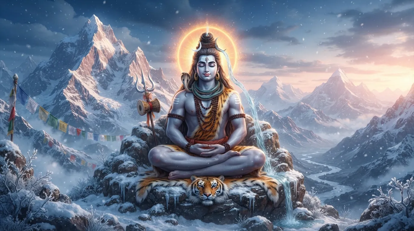 Bholenath photo 3d in deep meditation on snow covered Mount Kailash
