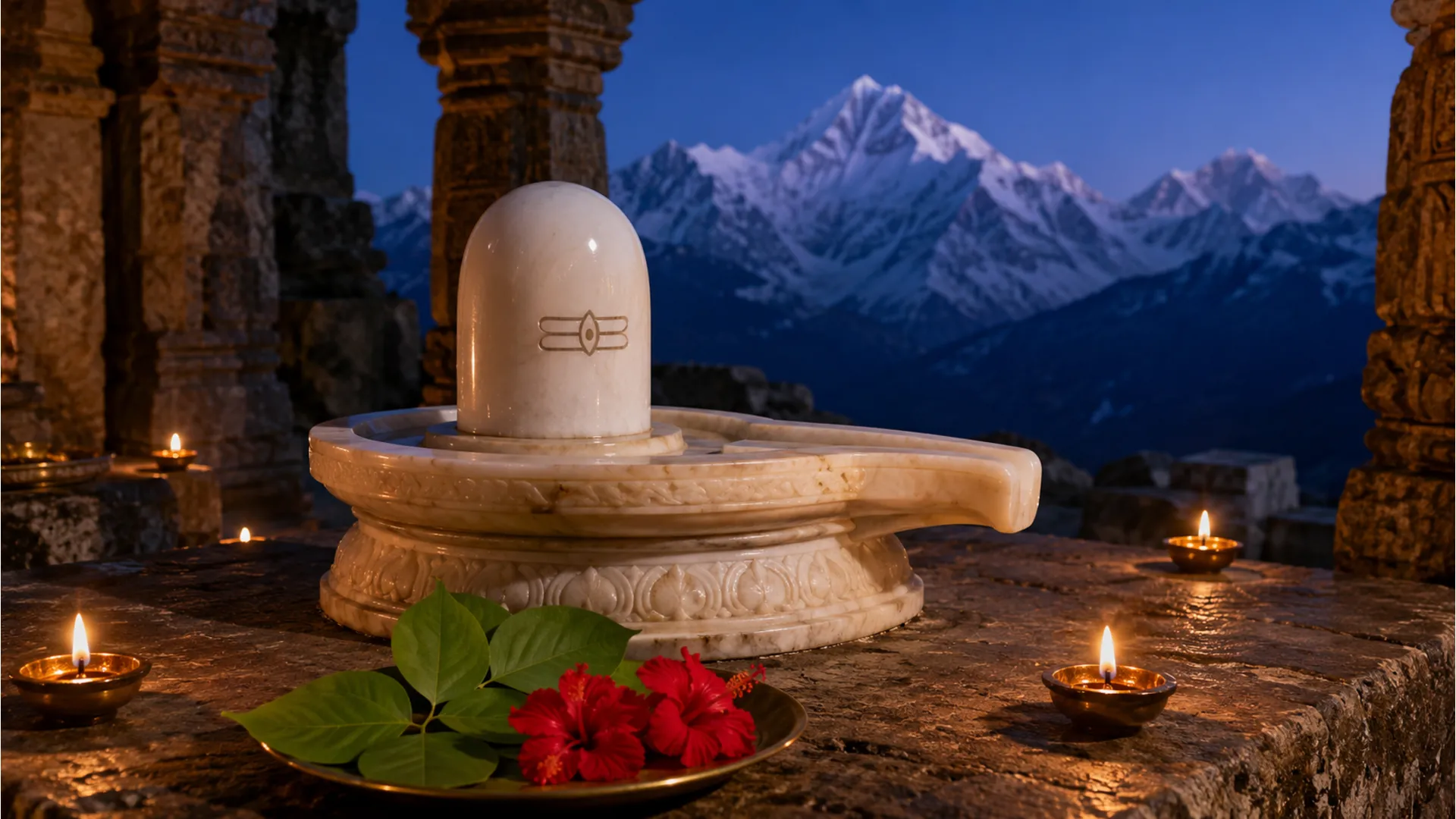 A Full HD image of a serene, white marble Shivling in a traditional Himalayan temple setting, surrounded by snow and mountains.