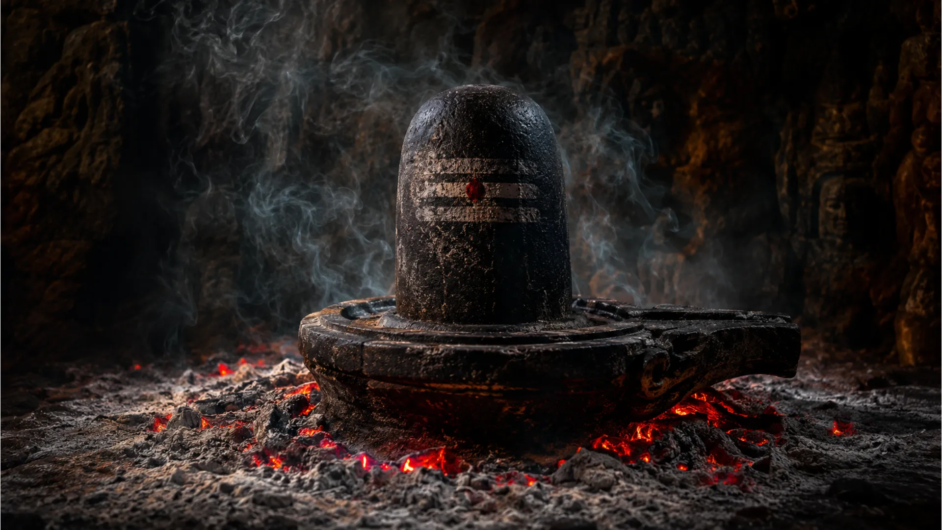 An atmospheric full HD image depicting a powerful, dark stone Rudra Shivling surrounded by soft, glowing embers and sacred ash, evoking the destructive and creative energy of Tandava.
