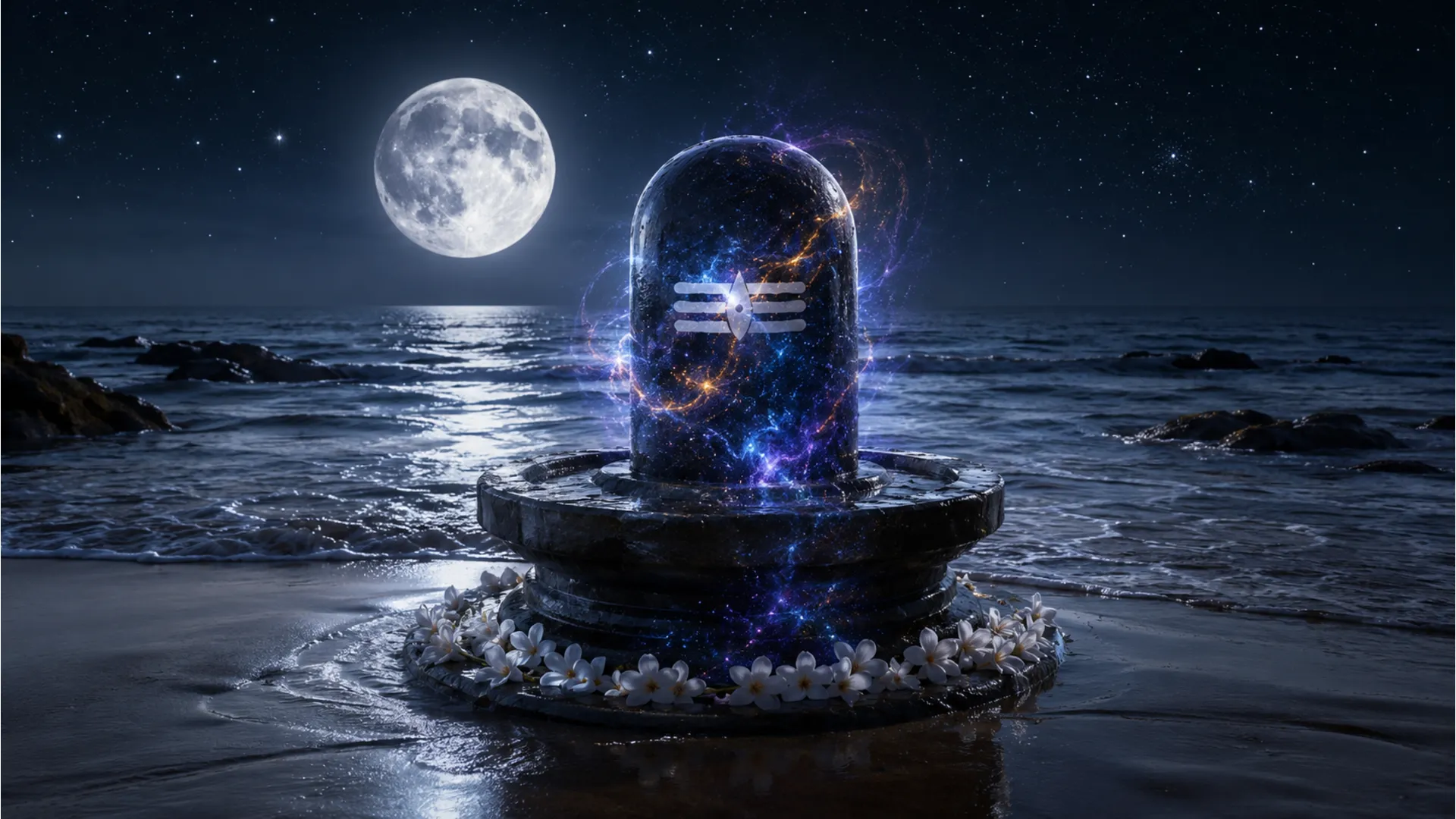 A photorealistic full HD image of a large, weathered stone Shivling on a quiet ocean beach at midnight under a full moon.