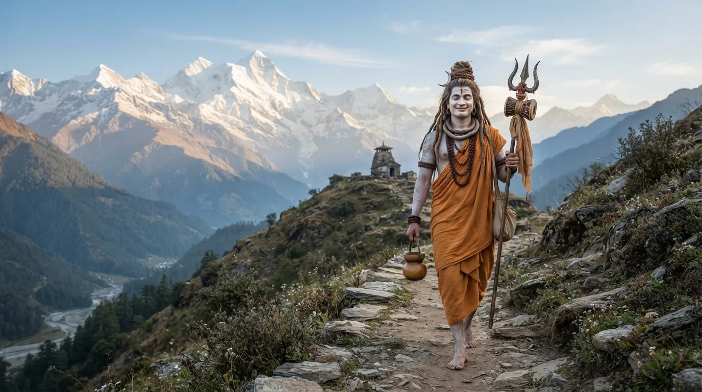 Bholenath, ek saral sanyasi ki photo: Shiv Ji, rudraksha mala ke saath Himalaya path par.