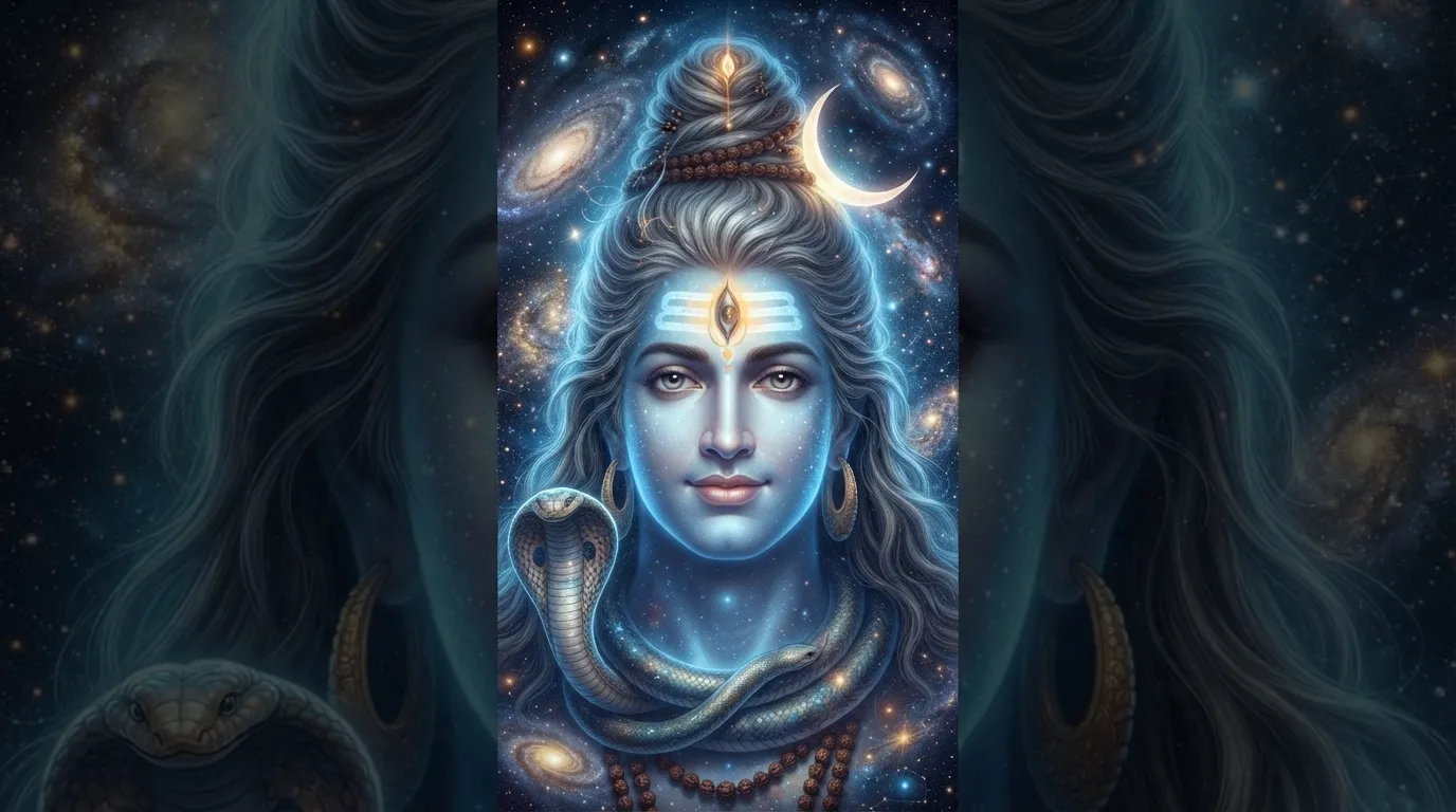 Lord Shiva close-up portrait with a radiant blue cosmic energy background.