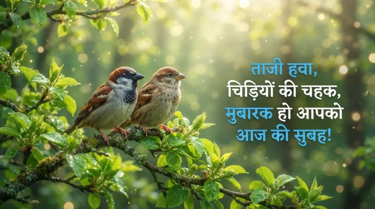 Beautiful green tree branch with birds chirping and Hindi morning text.