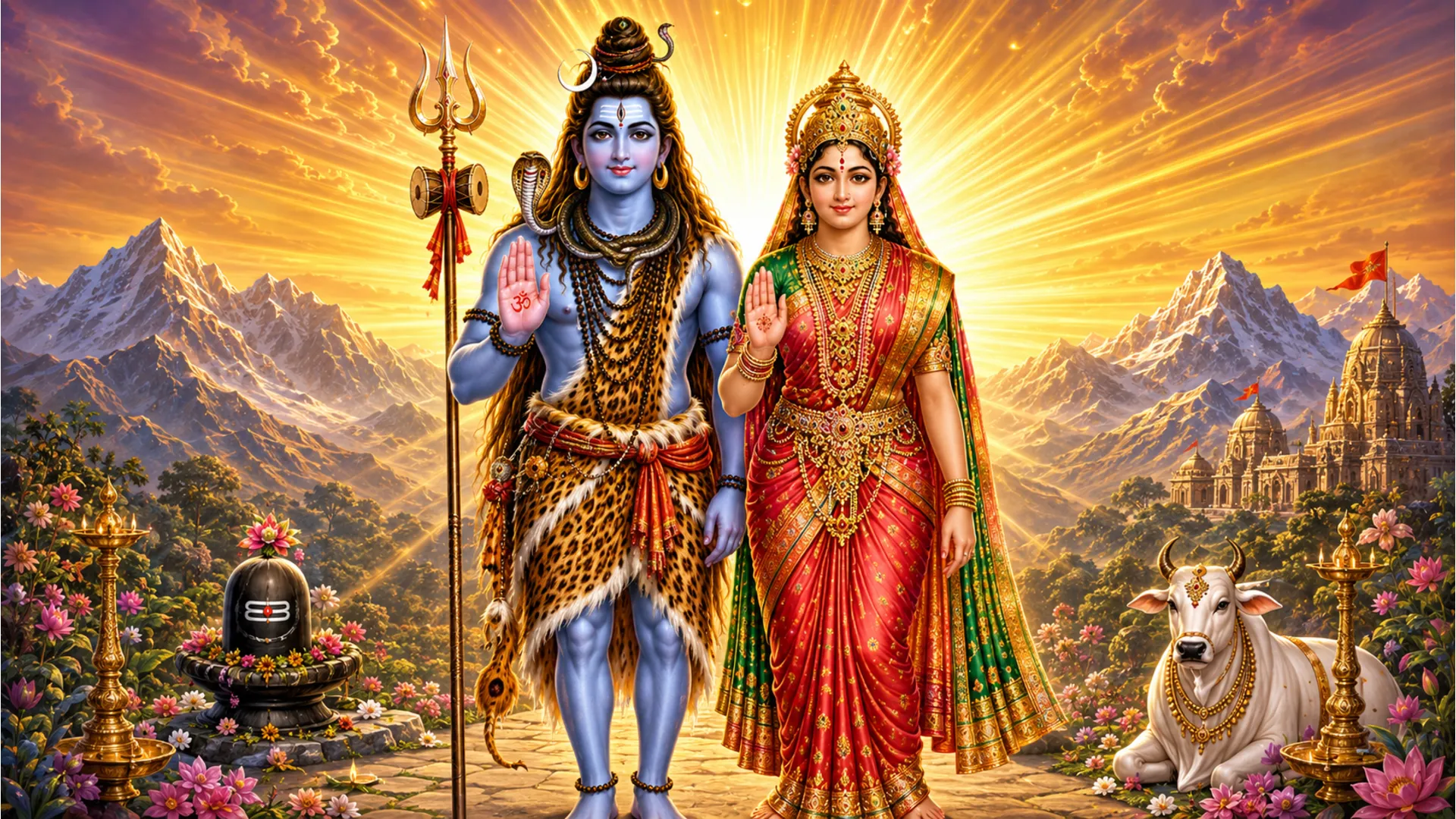 Shiva and Parvati raising their hands in the blessing pose (Abhaya Mudra) towards the viewer.
