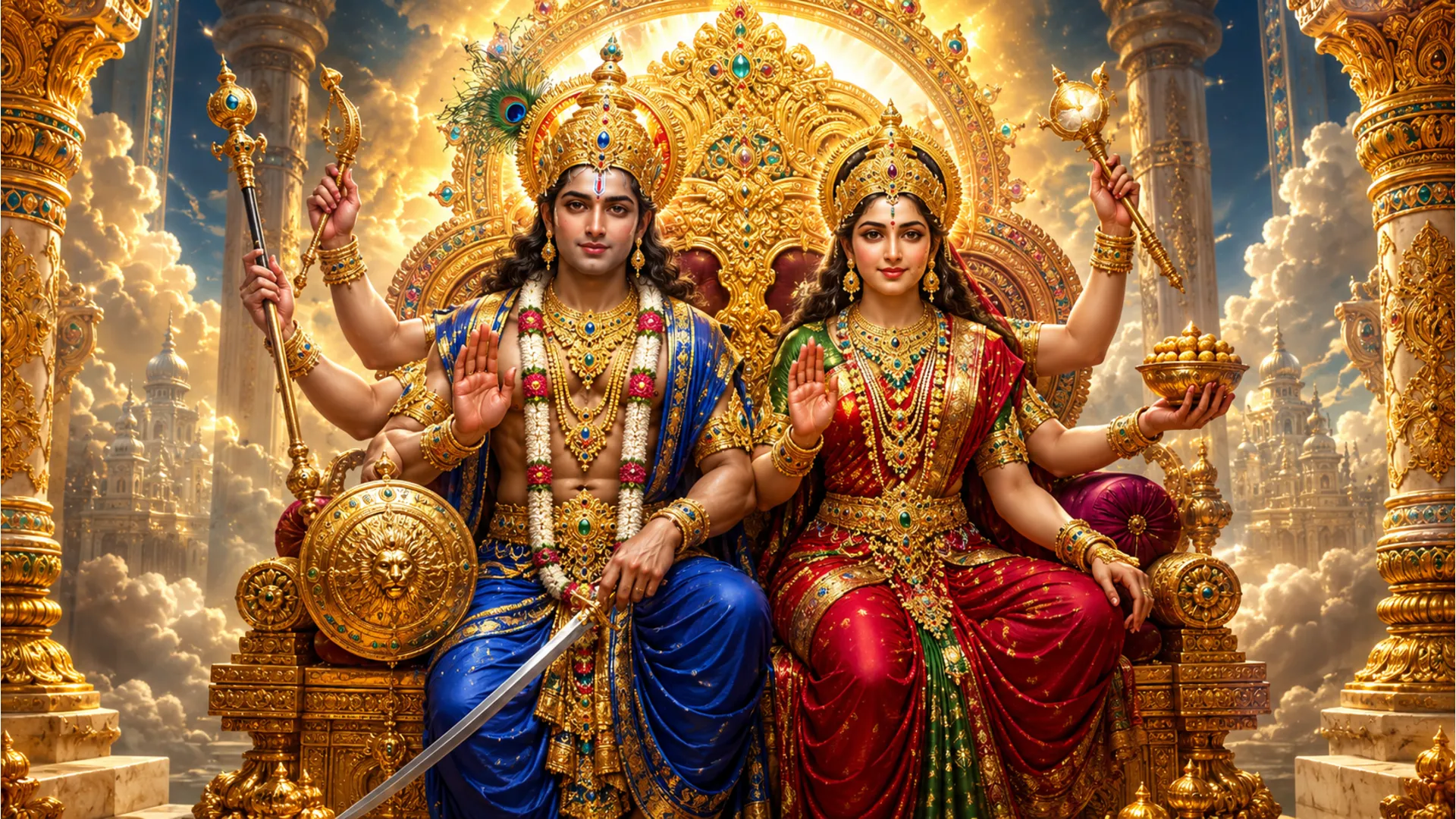 Colourful depiction of Shiva and Parvati with multiple arms showering blessings of wisdom and prosperity upon devotees.