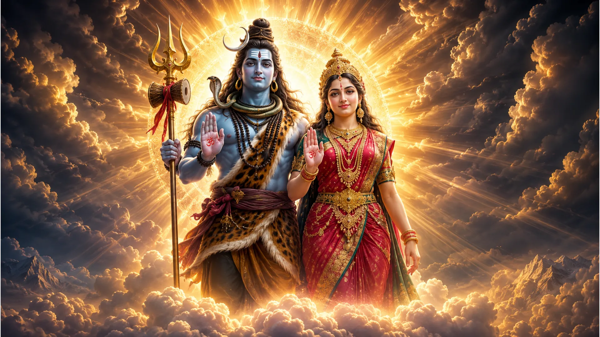 Shiv Parvati beautiful images giving blessings with a radiant aura.