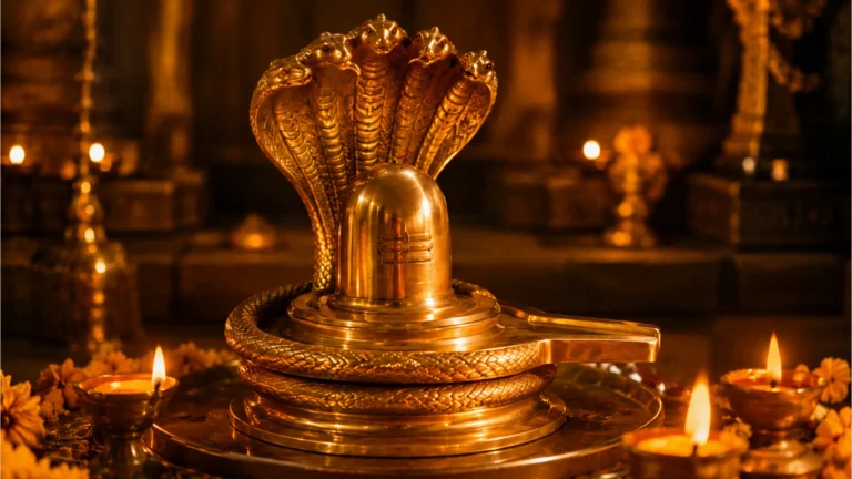 Shining brass Shivling guarded by a golden Sheshnaag during evening prayers.