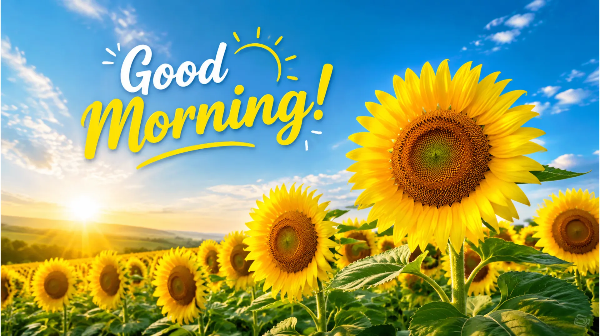 Vibrant good morning image of a bright yellow sunflower field under a clear blue morning sky.