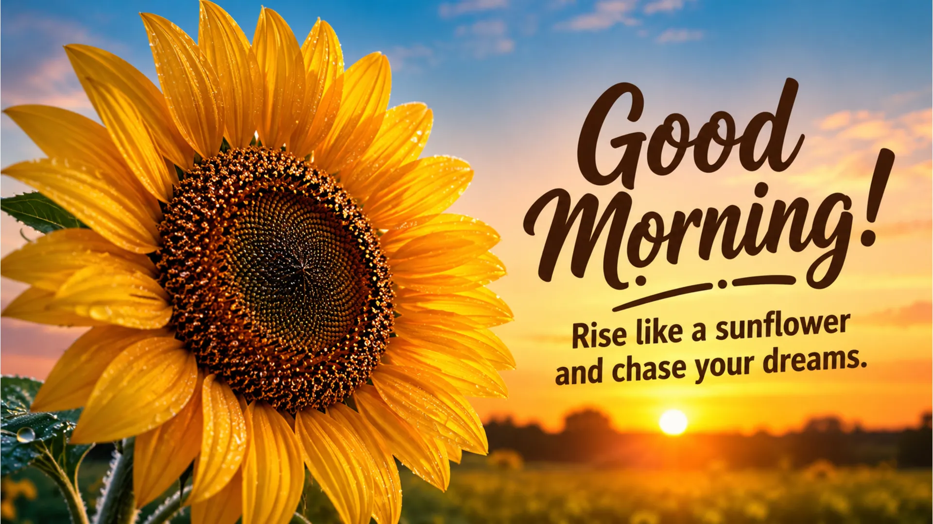 A close-up of a bright yellow sunflower facing the morning sun with an inspirational quote.
