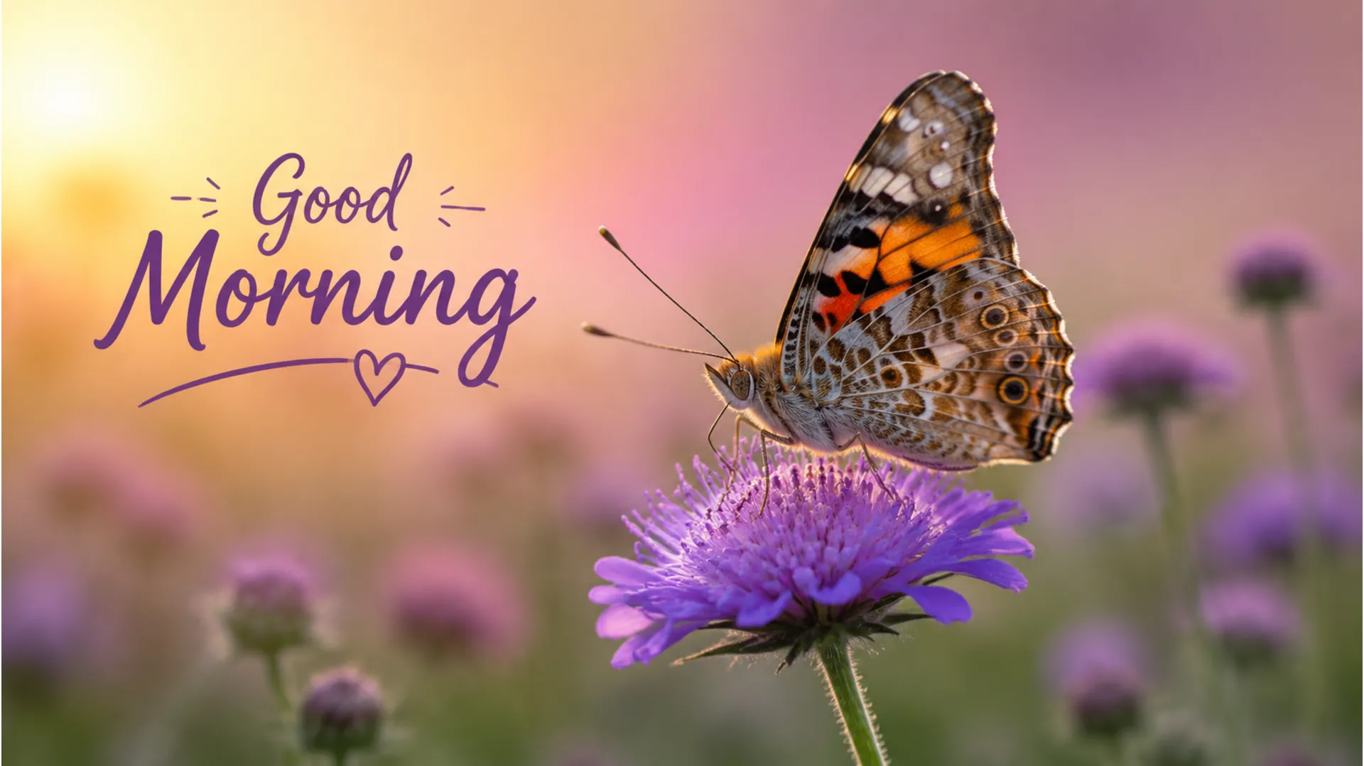 Good morning image with a colorful butterfly resting on a purple wildflower in daylight.