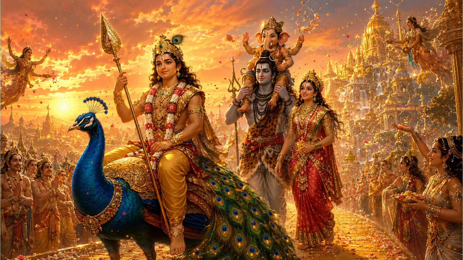 Lord Shiva's family celebrating victory with Kartikeya after a grand battle.