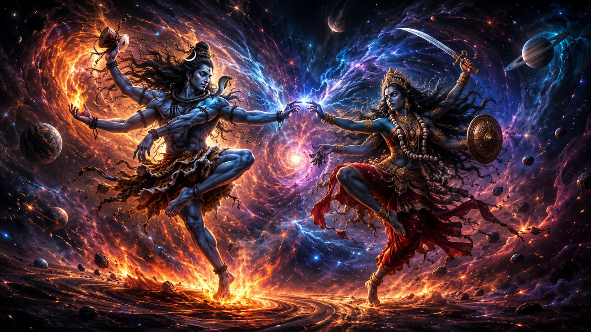 A dynamic animated image showing Lord Shiva and Goddess Parvati performing the powerful cosmic dance, the Tandava, with flowing movements and vibrant energy.