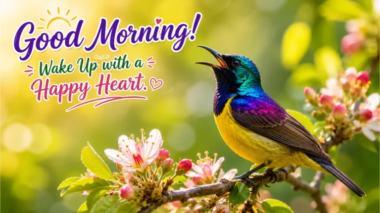 A small colorful bird chirping on a tree branch during a bright morning.
