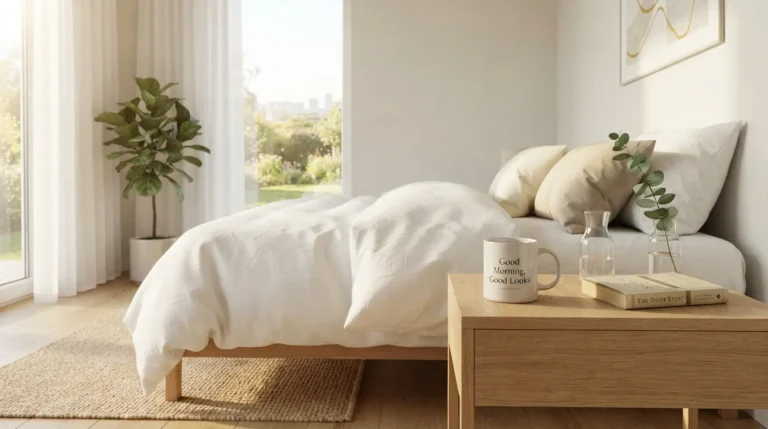 A chic marble table with a coffee cup and a succulent under morning sunlight with the quote Good Morning Good Looks.