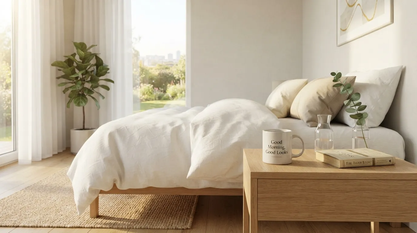 A chic marble table with a coffee cup and a succulent under morning sunlight with the quote Good Morning Good Looks.