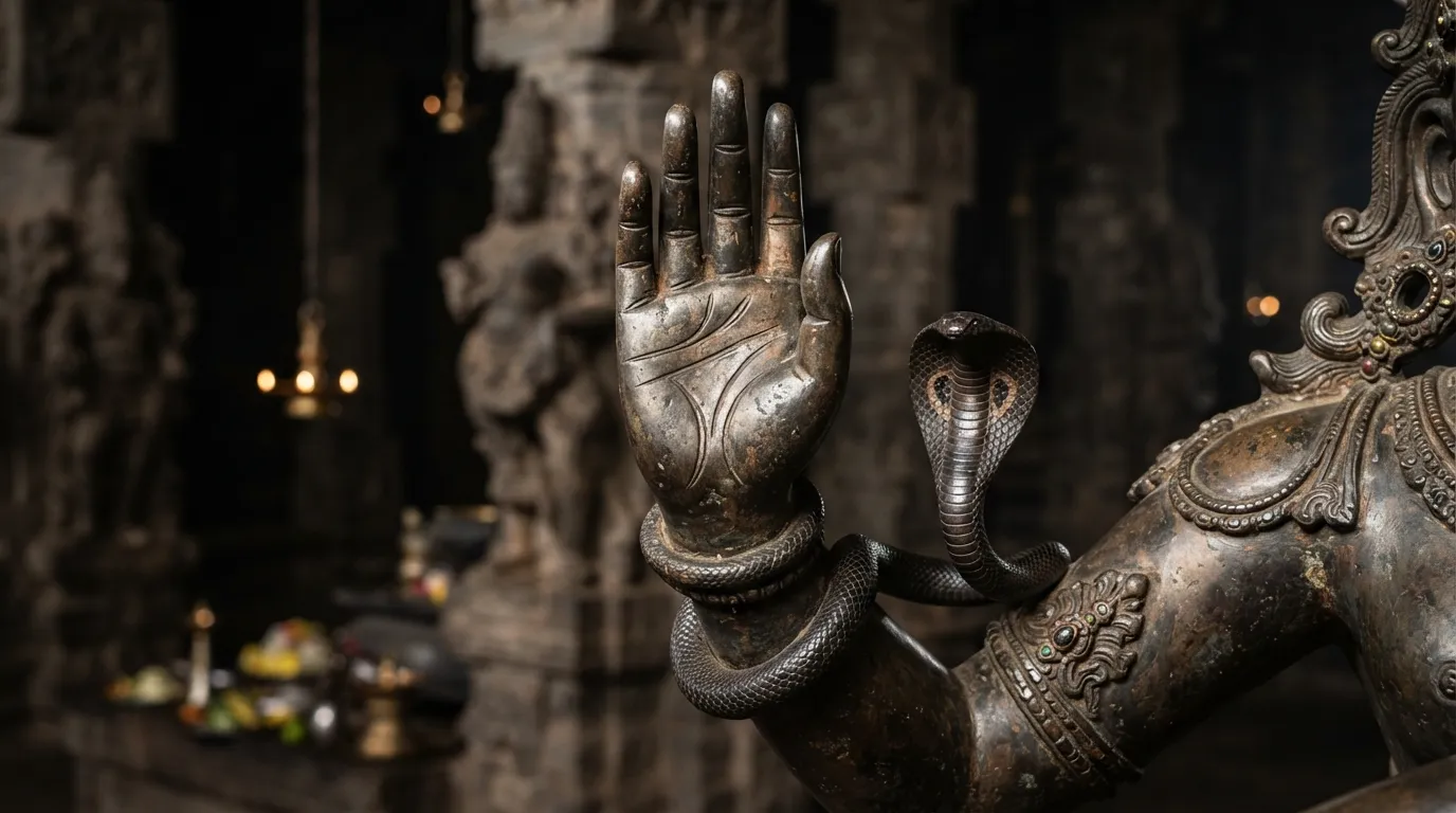 Chidambaram Nataraja lower right hand showing the Abhaya Mudra gesture of fearlessness.