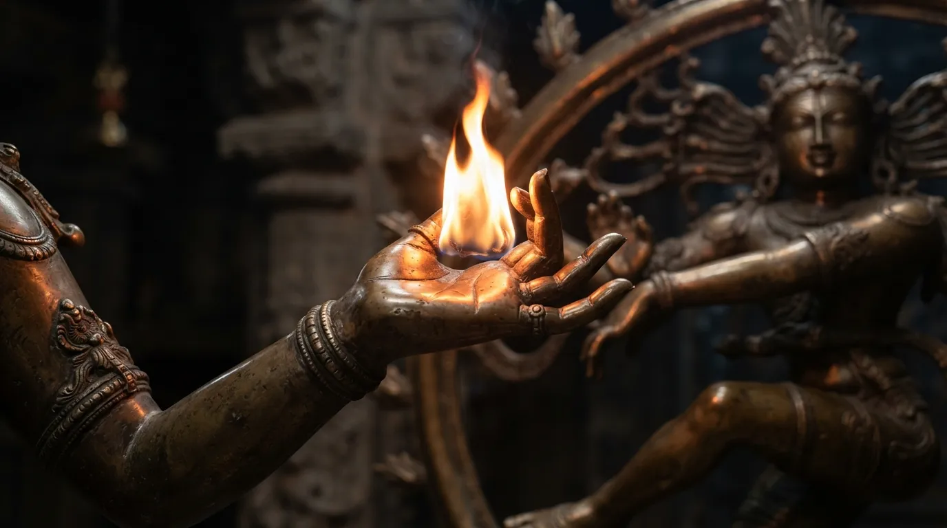 Detailed view of Chidambaram Nataraja upper left hand cradling the divine flame of destruction.