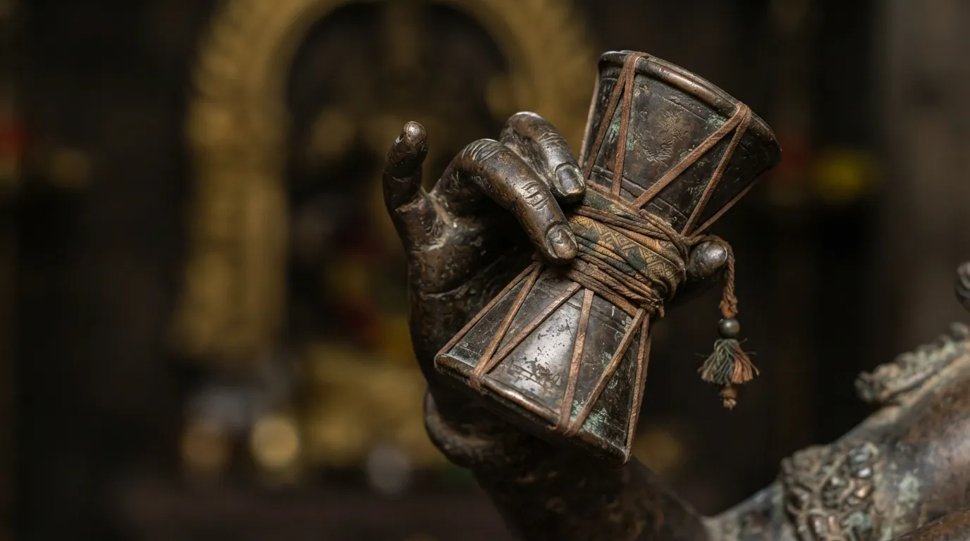 Close-up image of Chidambaram Nataraja upper right hand holding the hourglass-shaped damaru drum.