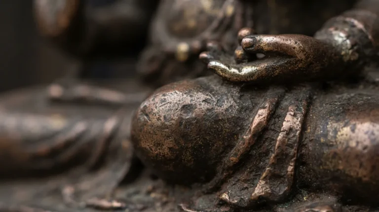 Macro texture shot of the sacred Panchaloha five-metal alloy used in Chidambaram Nataraja statues.