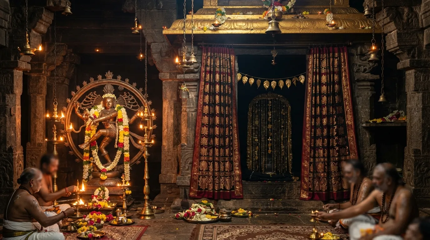nterior view of the Chidambaram Nataraja sanctum showing the main idol next to the red and black Rahasya curtain.