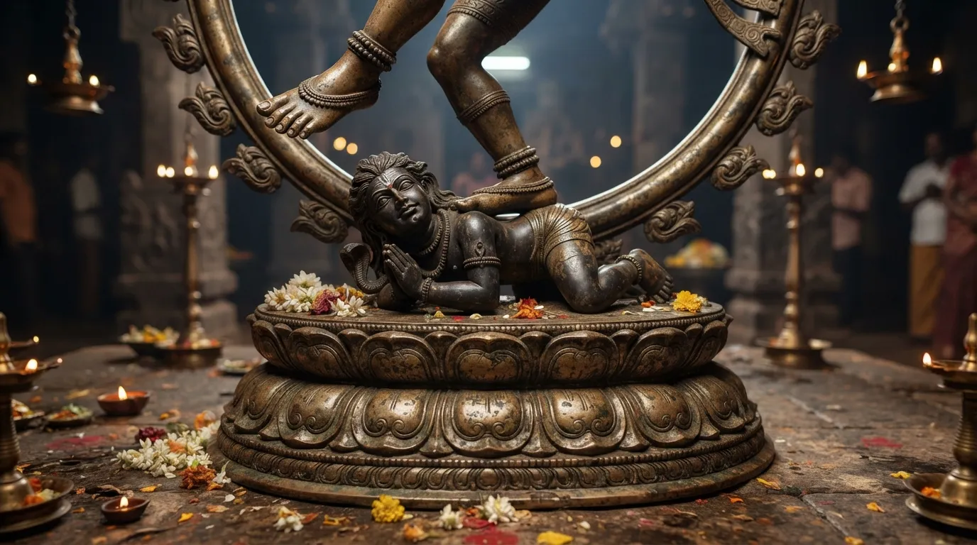 Ground-level view of Chidambaram Nataraja right foot trampling the dwarf demon Apasmara on a lotus pedestal