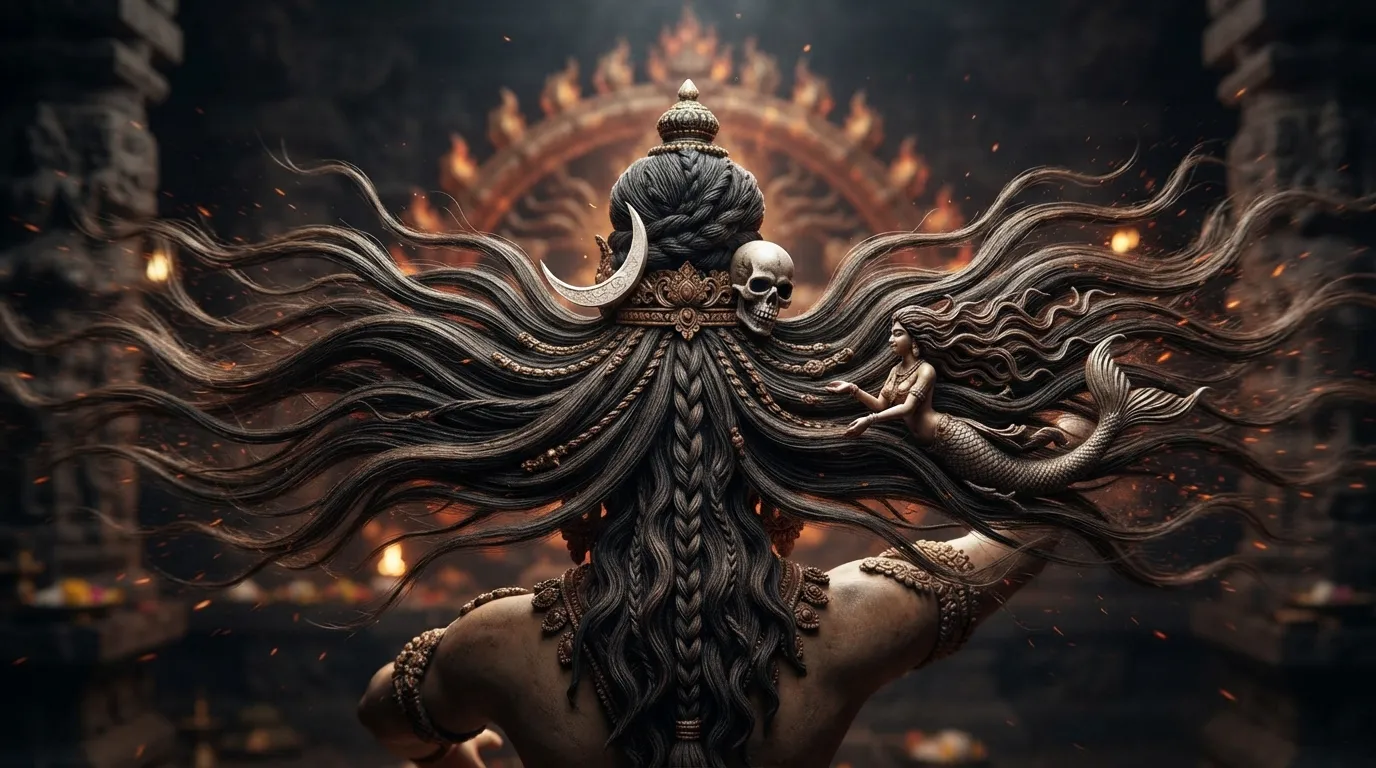 Close-up of the flying hair strands of Chidambaram Nataraja featuring Goddess Ganga and the crescent moon.