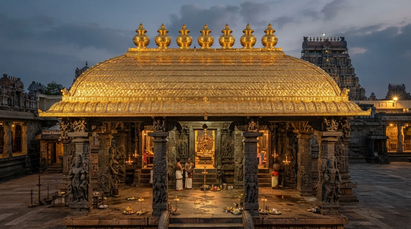 The original golden roof structure of the Kanaka Sabha sanctum inside Chidambaram Nataraja Temple.