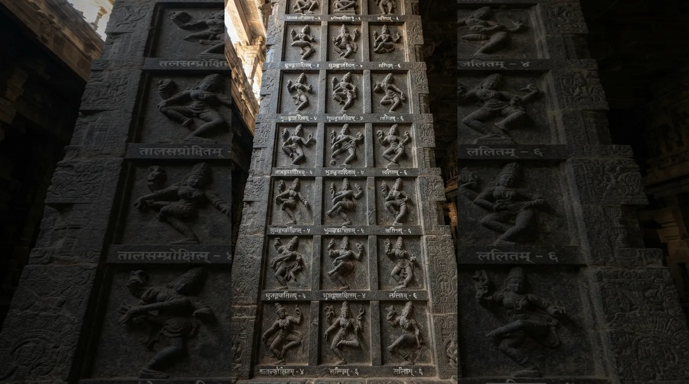 Intricate stone carvings of the 108 Bharatanatyam dance poses on the Chidambaram temple gateway.