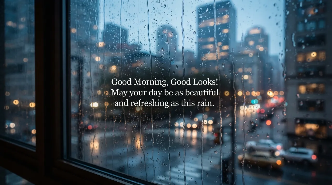 Rain-streaked window with blurred city morning lights and a greeting.