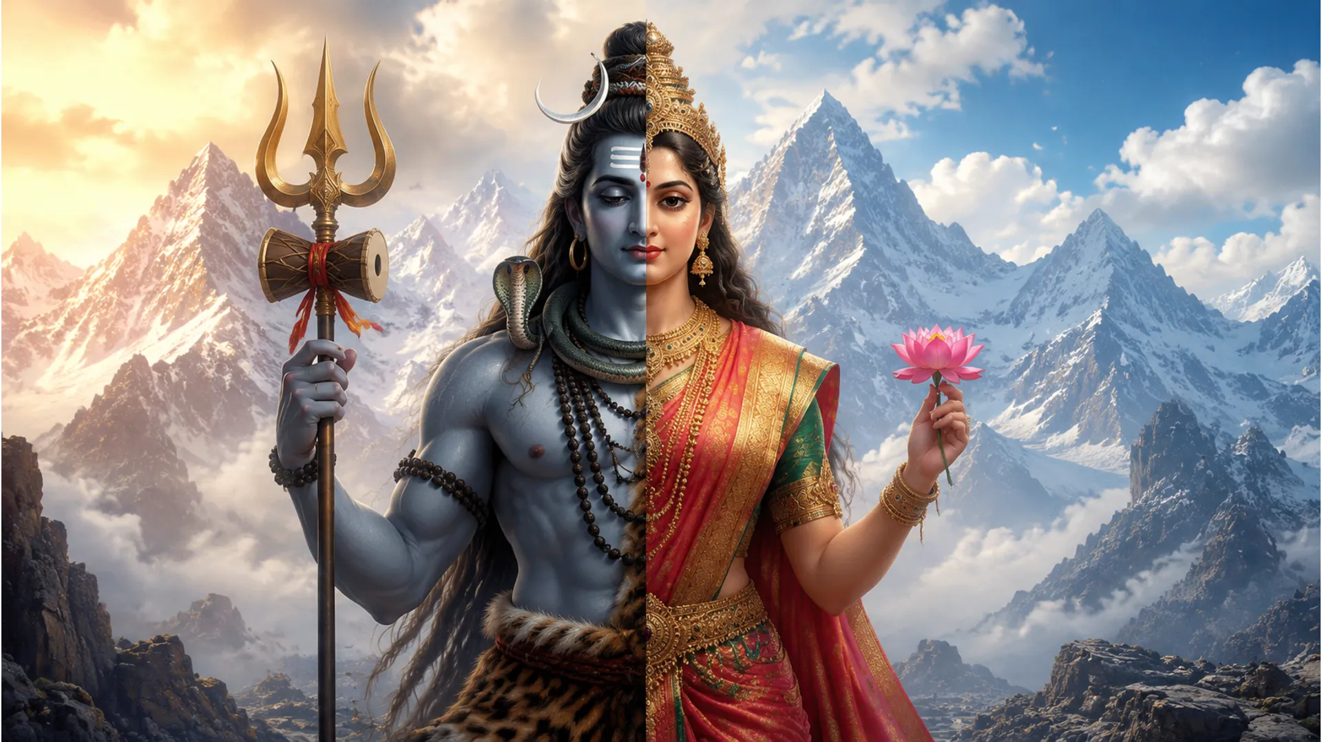 Beautiful Ardhnarishwar image representing the half-Shiva half-Parvati form.