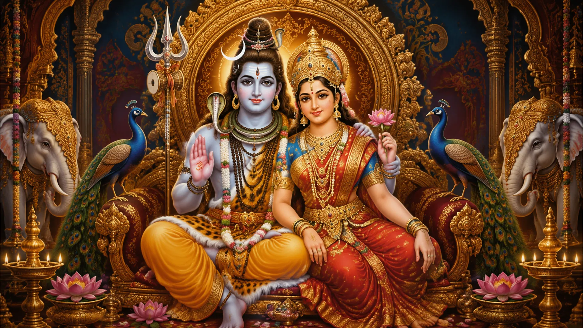 A stunning, high-resolution digital reimagining of a traditional South Indian style temple painting of Lord Shiva and Goddess Parvati, with rich colors and intricate details.