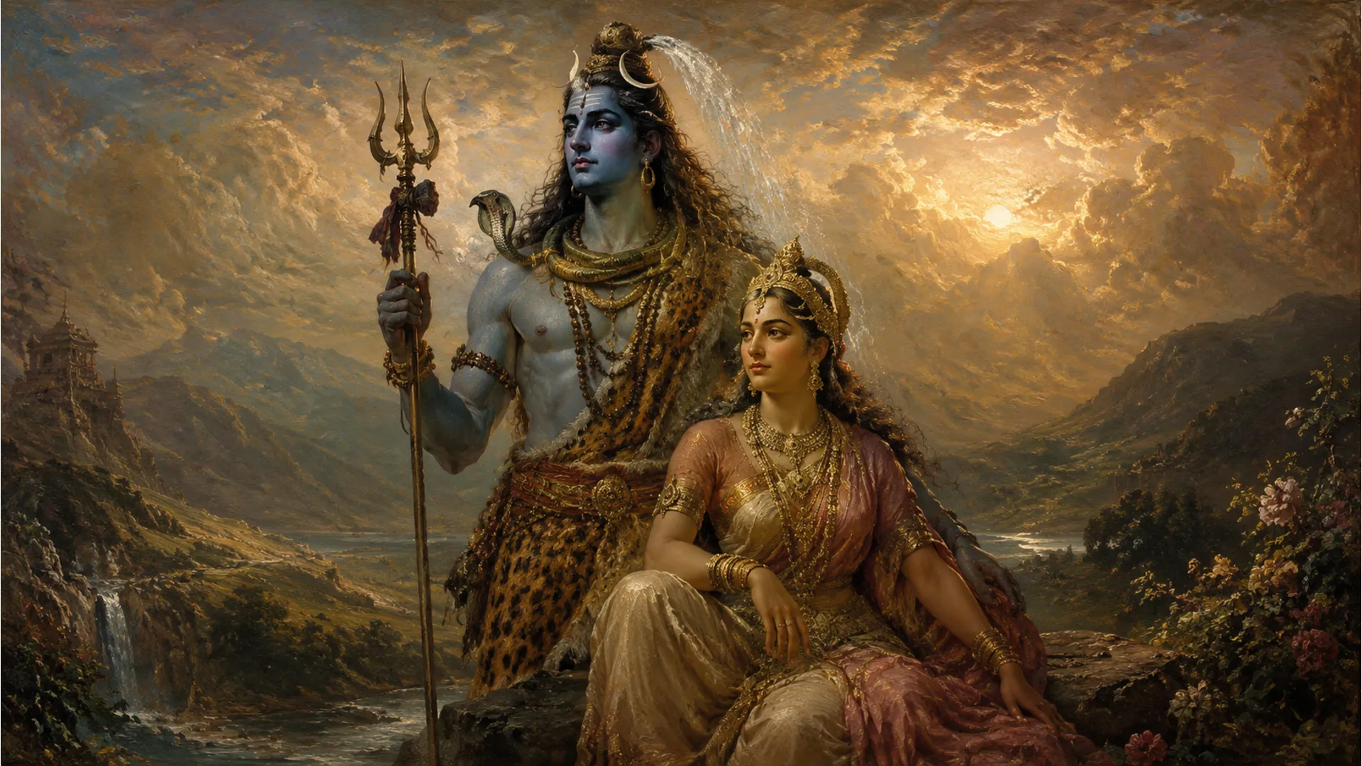A masterpiece oil painting in a classical, dramatic Renaissance style depicting Shiva Parvati.