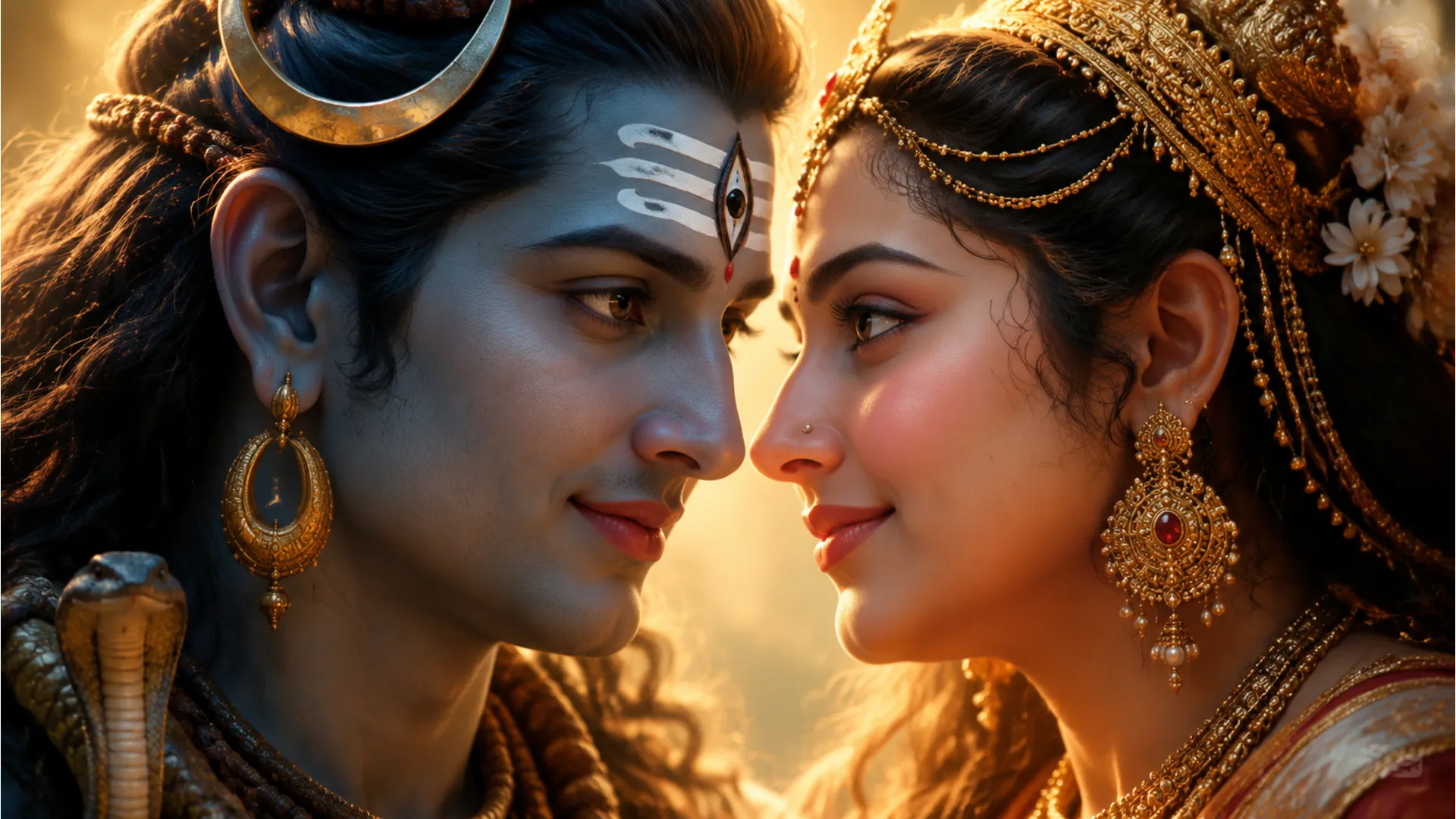 A detailed, high-resolution close-up portrait of Lord Shiva and Goddess Parvati looking into each other's eyes with profound love and affection.