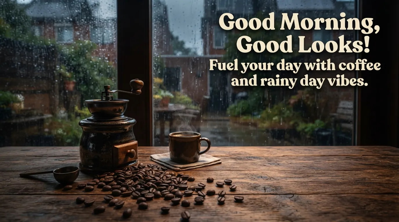 Roasted coffee beans near a window during morning rain.