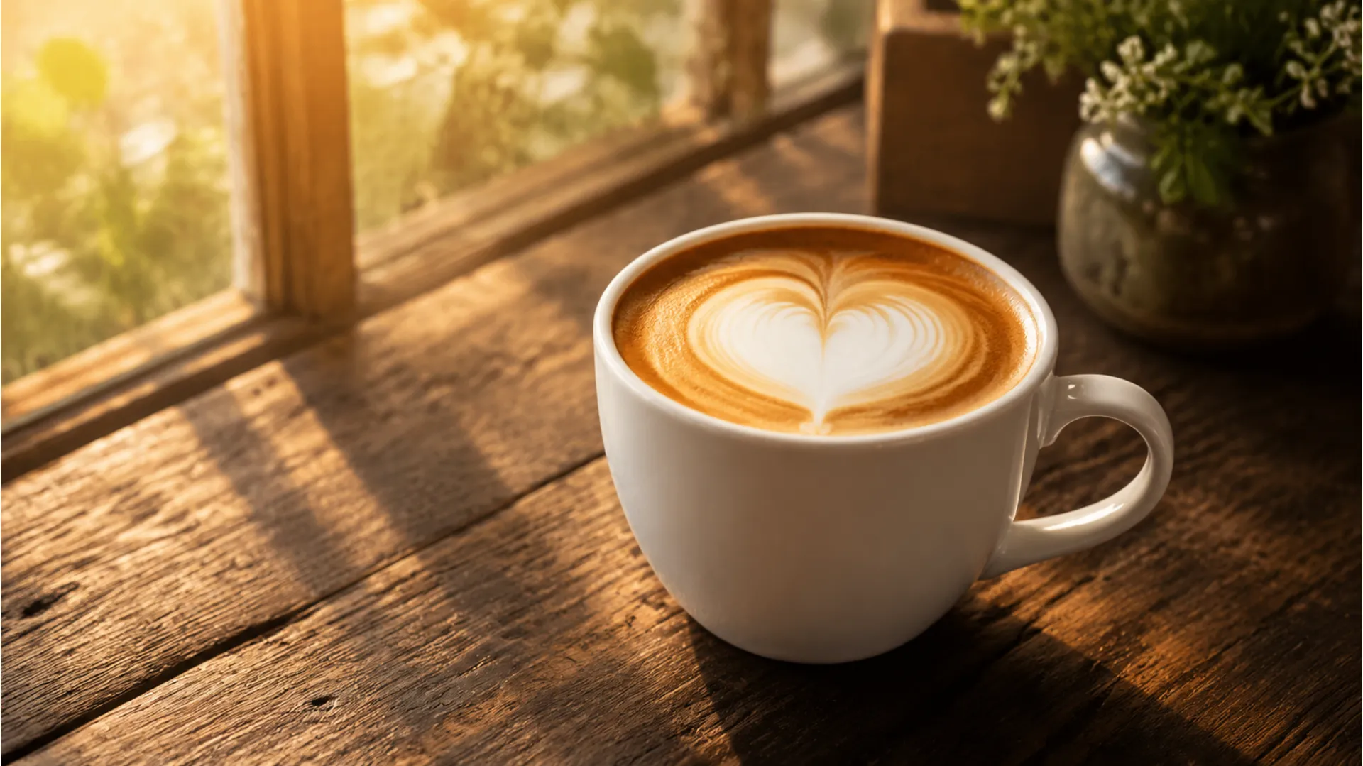 Aesthetic white coffee cup on a wooden table with a heart-shaped foam art surrounded by soft morning sunlight.