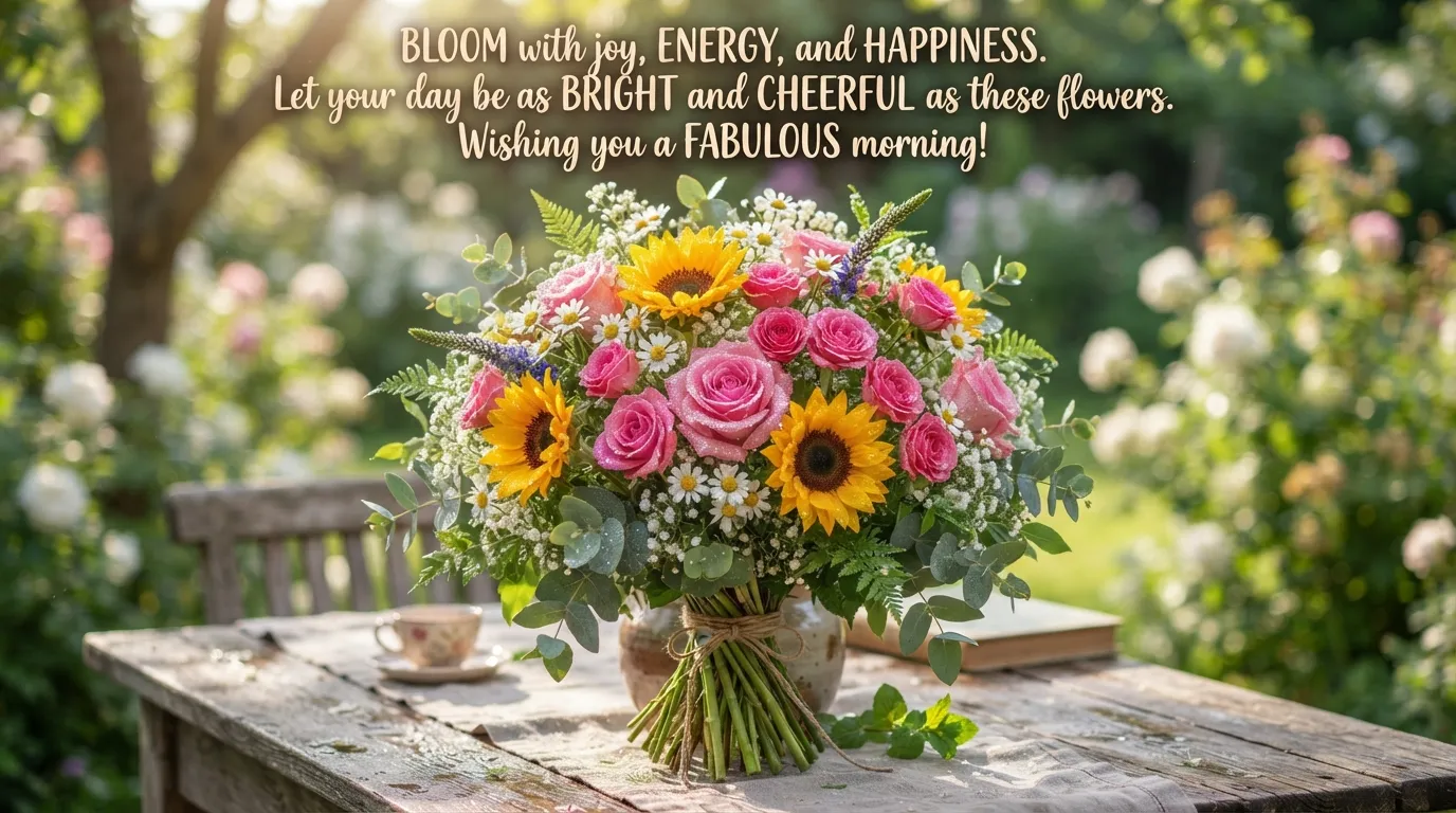 A vibrant bouquet of colorful roses, lilies, and daisies under bright morning sunlight.