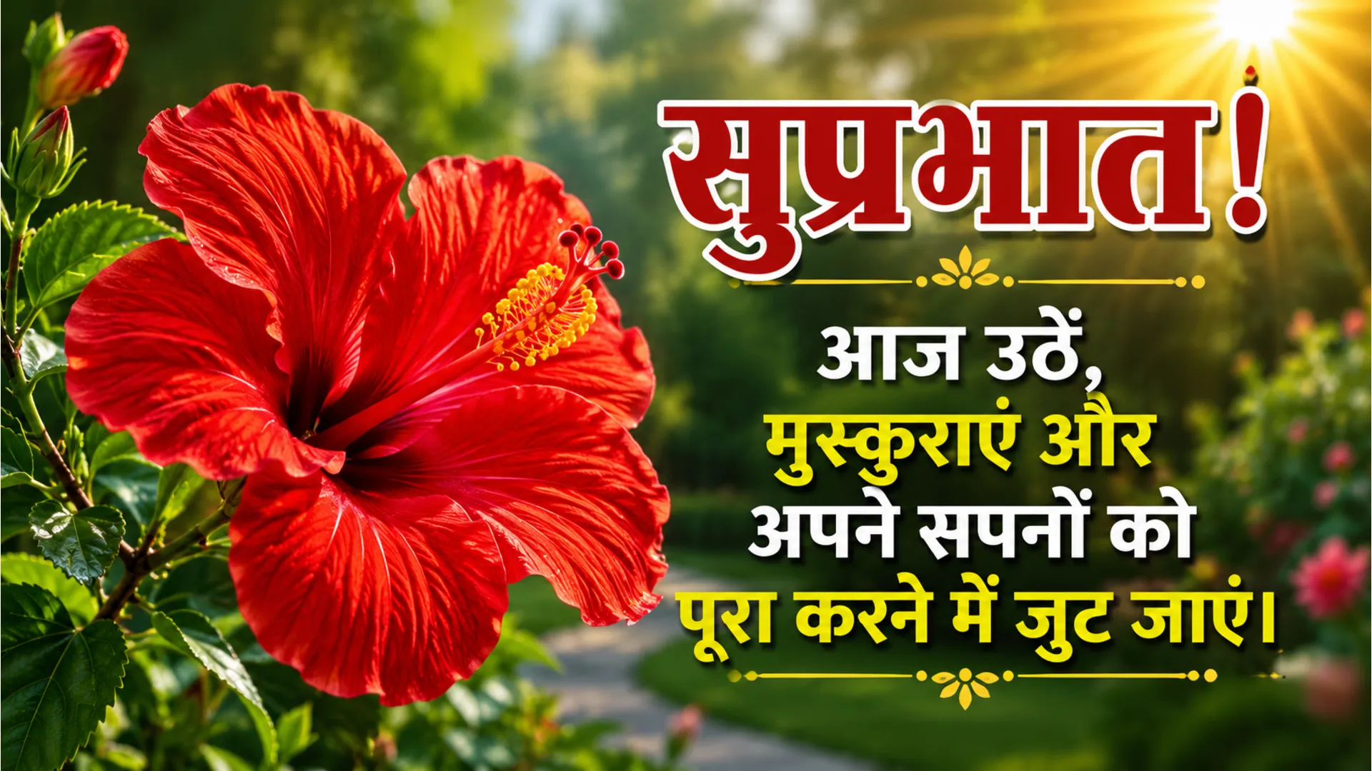 Bright red hibiscus flower in morning sun with motivating Hindi quote