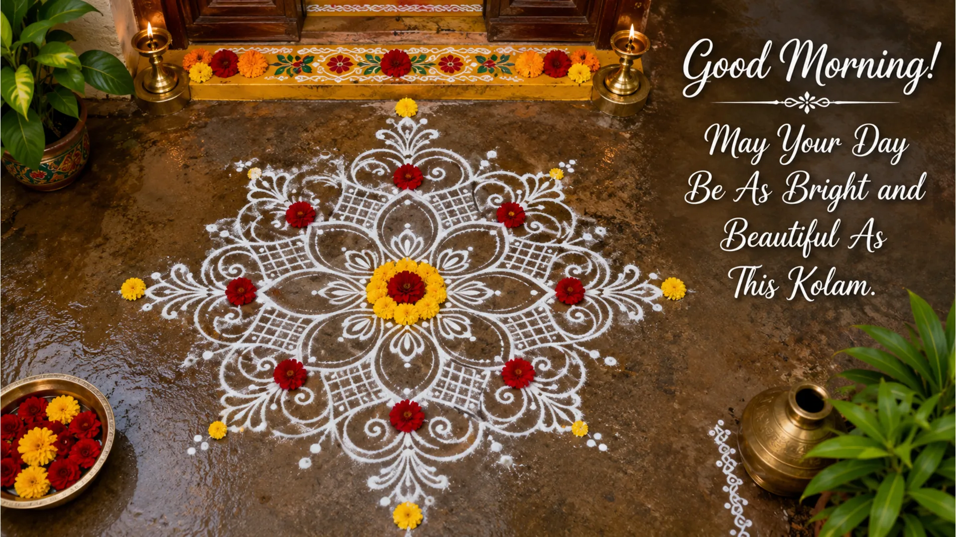 A beautiful and intricate colorful Kolam design at the doorstep for a fresh morning greeting.