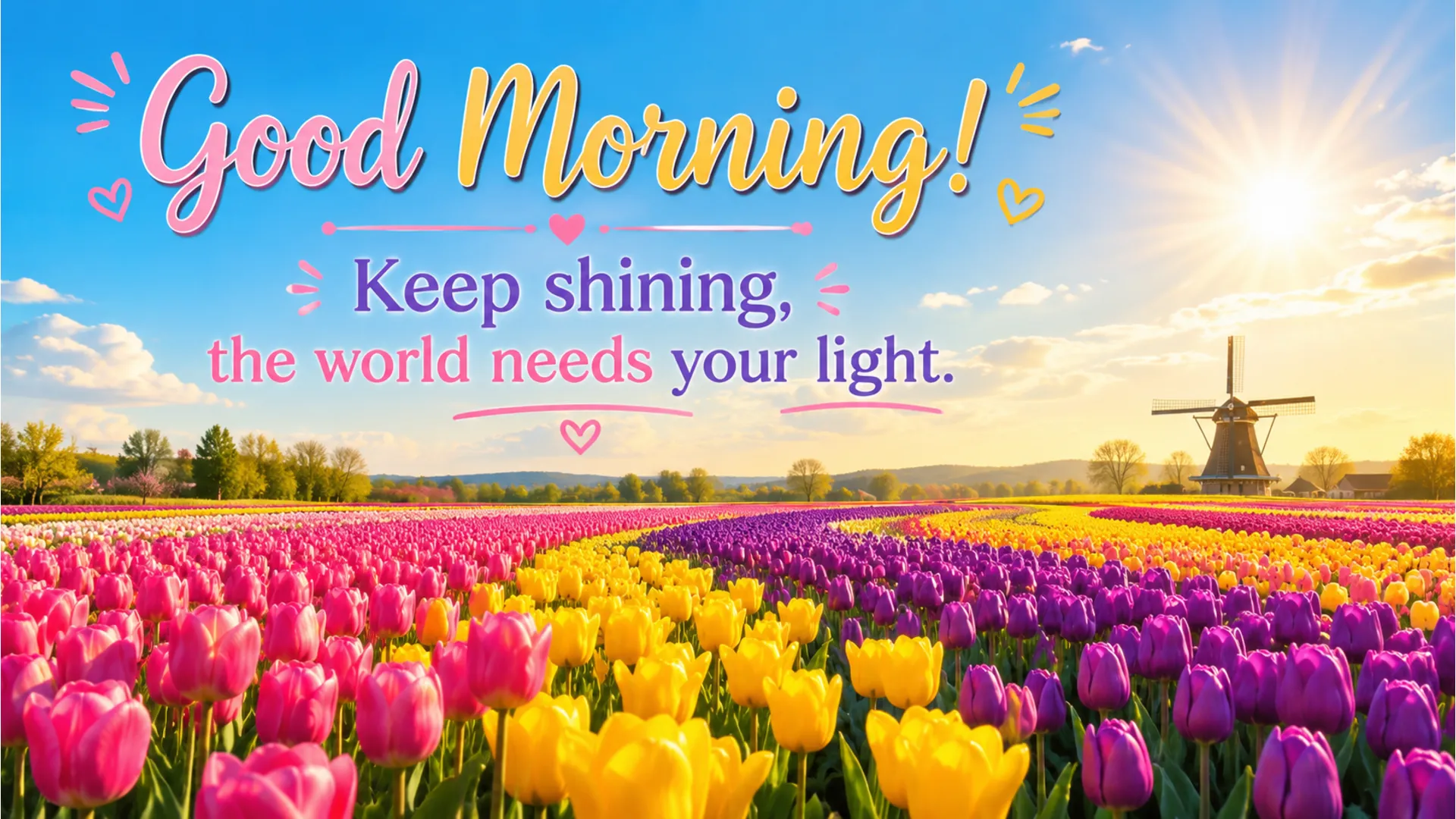 A vibrant field of pink, yellow, and purple tulip flowers under a bright morning sky.