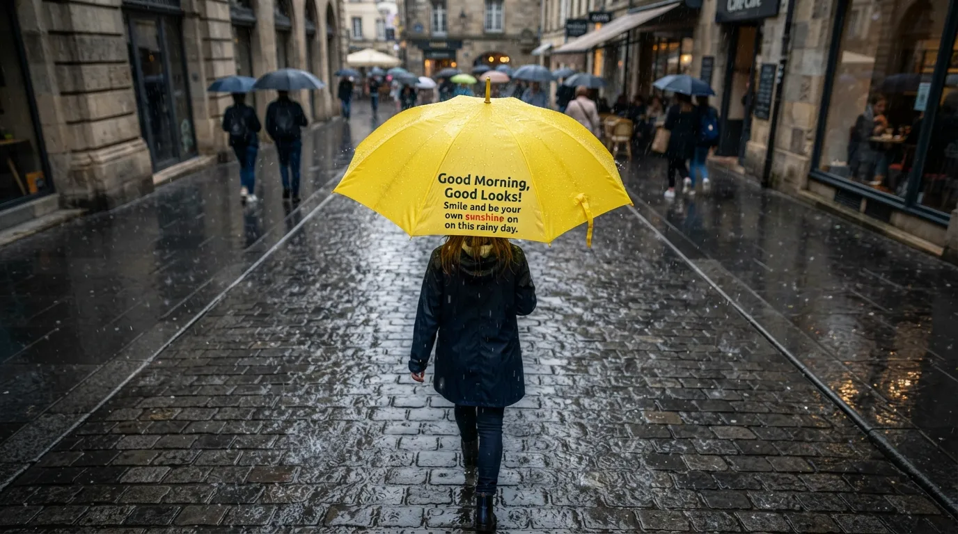 Bright yellow umbrella under gentle morning rain with positive wishes.