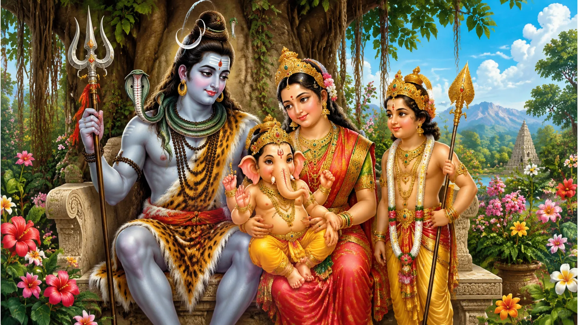 Lord Shiva, Goddess Parvati, young Lord Ganesha, and Kartikeya sitting together as a blissful holy family.
