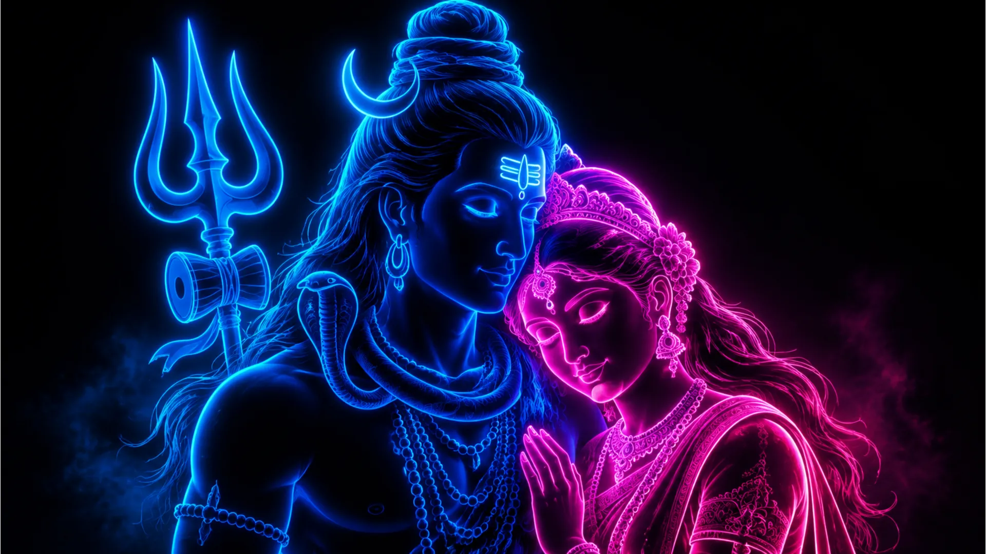 Stylized neon glow portrait of Shiv Parvati for dark mode status.
