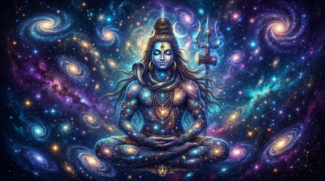 Abstract Jay Bholenath photo blending Lord Shiva's form with stars, nebulae, and galaxies.