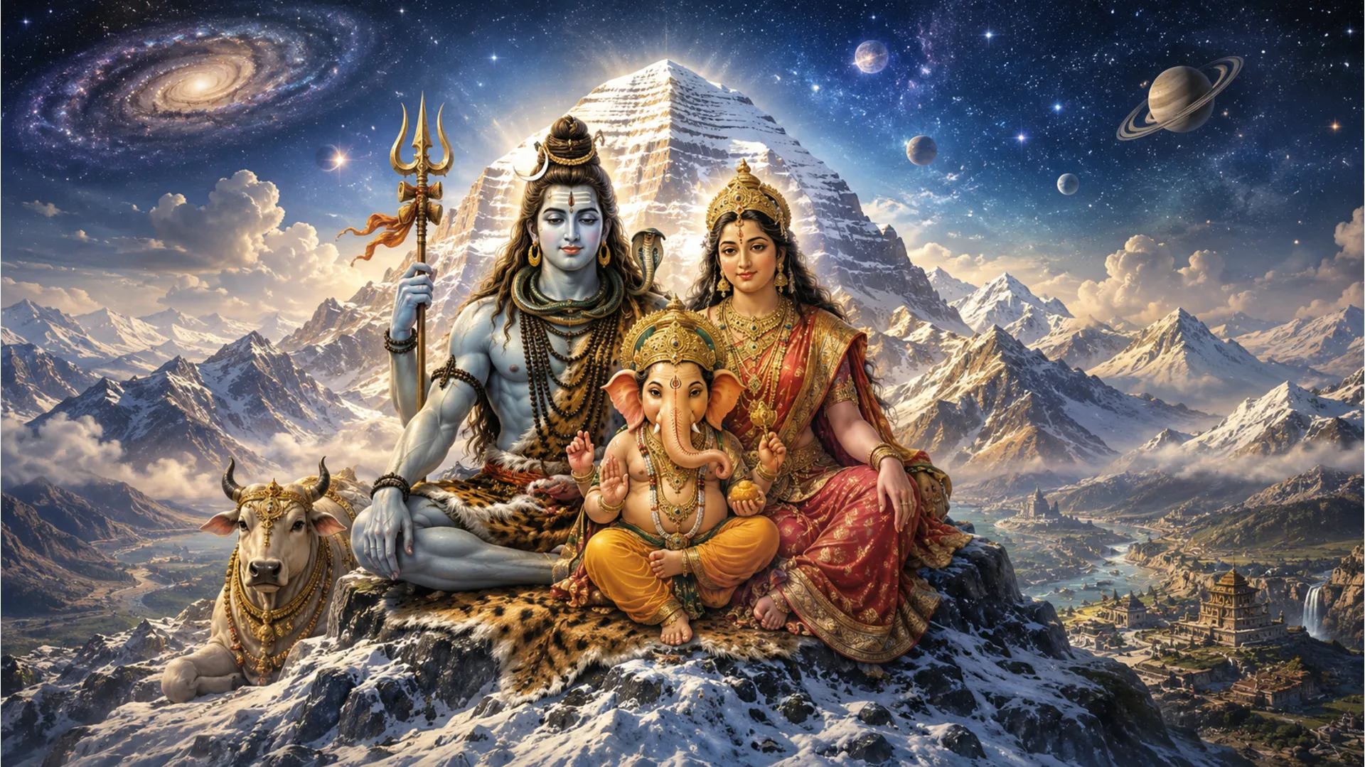 A majestic and awe-inspiring depiction of Lord Shiva, Goddess Parvati, and Lord Ganesh atop the sacred Mount Kailash.
