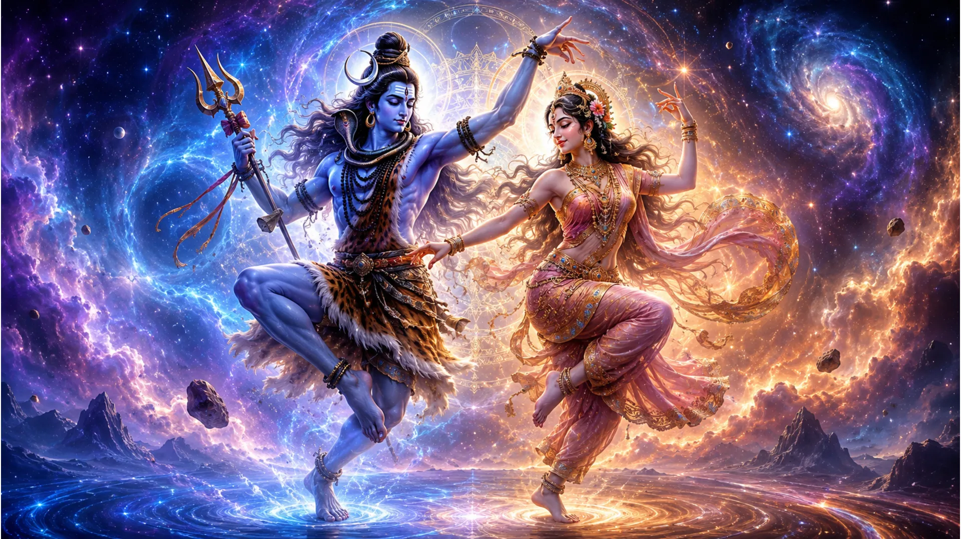 Beautiful image of Shiv Parvati performing the cosmic dance of creation and balance.