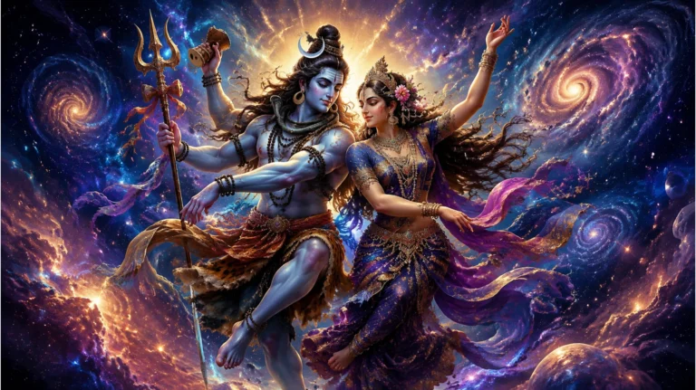 High quality shiv parvati image download showing the powerful energy of Lord Shiva and Mata Parvati surrounded by cosmic stars.