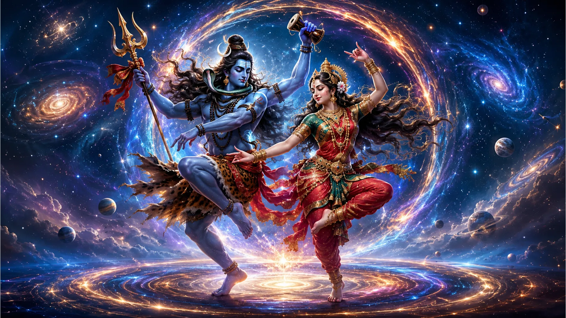 Shiva and Parvati performing the divine cosmic dance of creation and balance against a starry universe